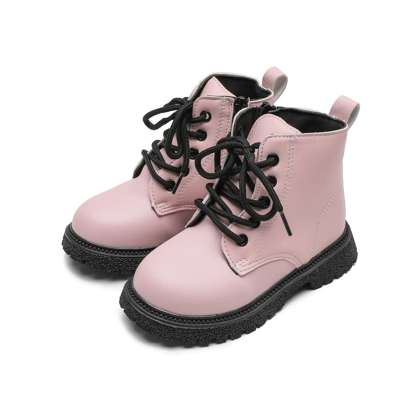 Komfyea Autumn Leather Combat Zipper Lace Up Boots (Toddler/Little Kids) Children Winter Ankle Boots Com6650Pink29