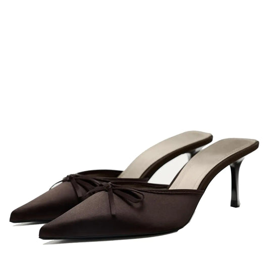 UFEDO Kitten Heel Bow Mules for Women Slip On Mules Backless Low Heel Pumps Pointed Toe Wedding Party Dress Sandals Evening Party Shoes Brown Szie 37