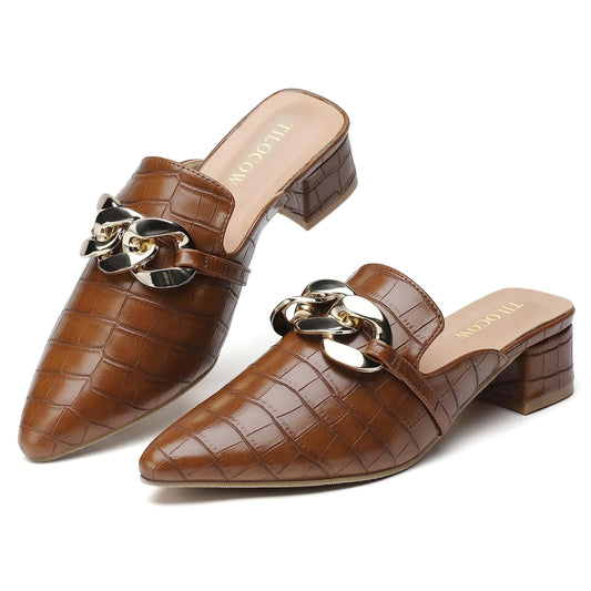 Tilocow Metal Chain Decor Mules Heels for Women Chunky Heeled Sandals Slip on Closed Toe Slides for Women Backless Mules Dark Brown 8
