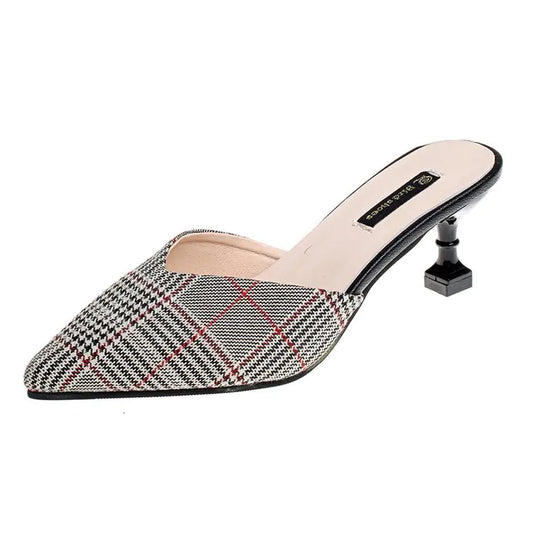 Chic Houndstooth Pointed Toe High Heel Mules for Women