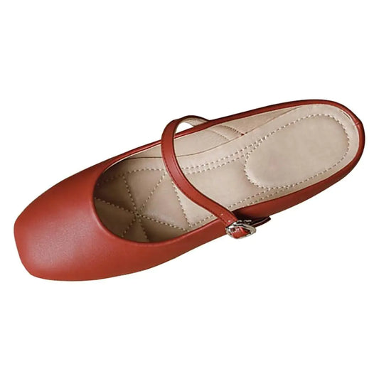 TN TANGNEST Womens Mary Jane Shoes Mules for Women Flats Retro One Line Strap Flats Cute Square Toe Backless Flat Mules Red 38(6.5)
