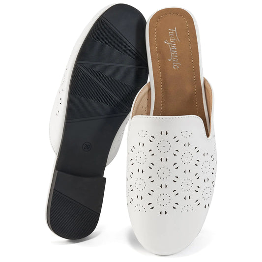 FUDYNMALC Mules for Women Flats Comfortable Round Toe Womens Mules Shoes Breathable Slip On Backless Slide Loafers for Women White