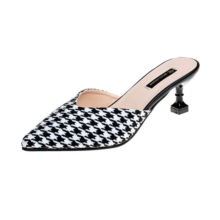 Chic Houndstooth Pointed Toe High Heel Mules for Women
