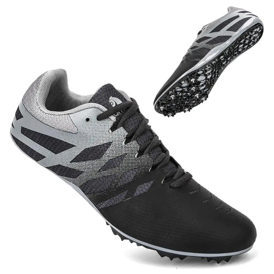 THESTRON Men Women Kids Track and Field Shoes Professional 8 Spikes Running Racing Sneakers Breathable Lightweight Sprinting Shoes (2.5Black Grey)