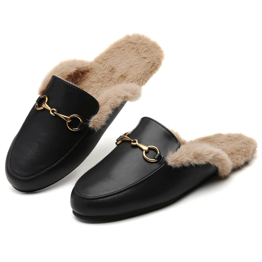 Minorsu Buckle Fur Black Mules for Women Slip on Loafers Closed Round Toe Backless Flat Mules Comfortable Slides Shoes