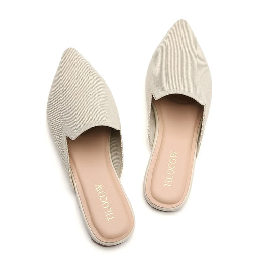 Tilocow Knit Mules for Women Flats Pointed Toe Beige Ballet Flat Womens Slip On Slides Walking Shoes