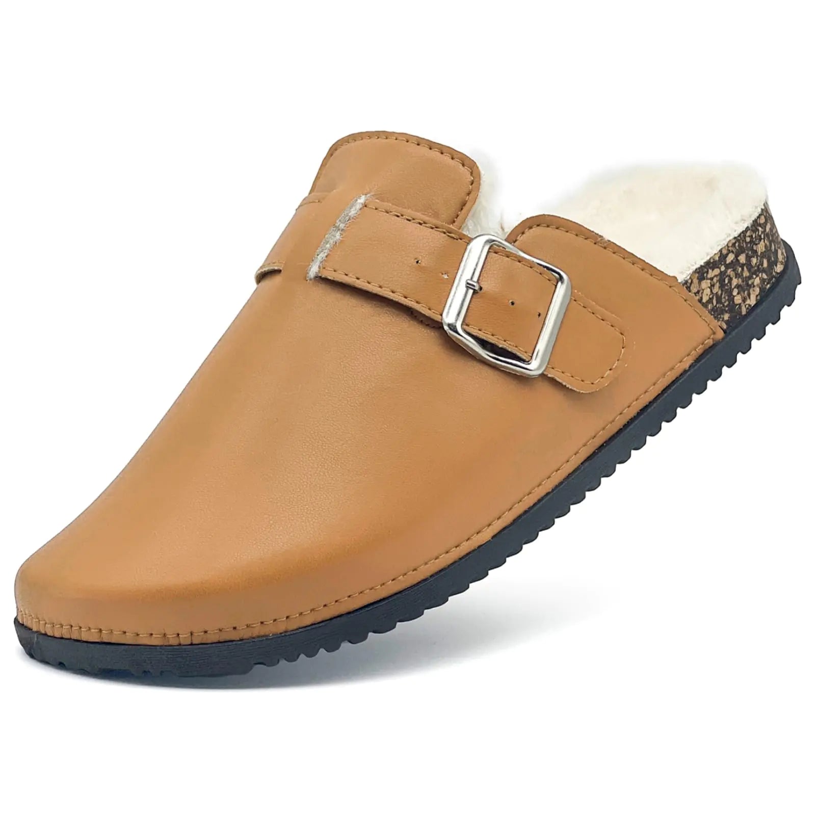 Waterproof Fur Lined Clogs for Women PU Leather Winter Warm Fuzzy Cork Footbed Mules Slip On Patato Shoes for Indoor Outdoor Brown