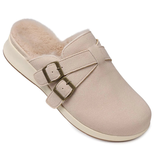 SHIBEVER Suede Clogs Slip on Mules: Fuzzy Faux Fur Lined Comfort Footbed Women Clog with Arch Support Leather Size 8 Work Nude Shoes