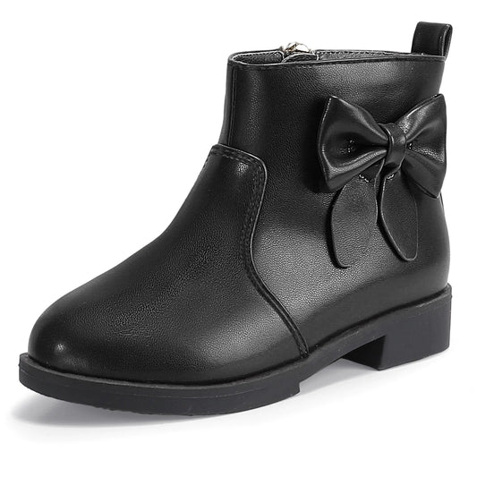 PANDANINJIA Girls Boots Toddler Kids Short Ankle Boots Bow Sofia Sweet Zipper Dress Booties (Black Pu Size 13)